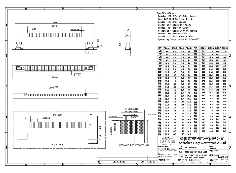 0fpc连接器0.5mm间距H1.2厚抽屉上接 封装规格书图纸 型号尺寸图 在线下载